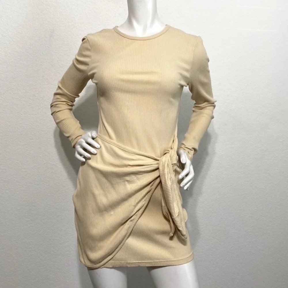 Superdown Nude Color Long Sleeve Rib Knit Draped Dana Wrap Mini Dress Size M - Picture 2 of 8